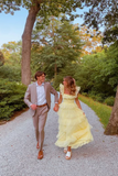 Yellow fashion square neck A-line multi-layered long tulle ball gown evening dress HZ1023