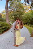 Yellow fashion square neck A-line multi-layered long tulle ball gown evening dress HZ1023
