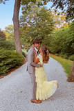 Yellow fashion square neck A-line multi-layered long tulle ball gown evening dress HZ1023
