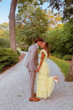 Yellow fashion square neck A-line multi-layered long tulle ball gown evening dress HZ1023