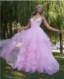 Pink fashion sweet long elegant tulle floor-length ball gown evening gown graduation gown coming of age ceremony gown HZ1023