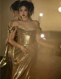 Gold Gorgeous Fashion Elegant Exquisite Beaded Long Sequin Mermaid Slim Ball Gown Evening Dress HZ1023