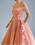 Off Shoulder Sweetheart 3D Flower Pleats Lace Pocket Tulle Prom Dresses Formal Wedding Party Gowns HZ1023