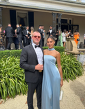 Light Blue Simple Elegant Fashion Long Satin Prom Dress Evening Dress Wedding Guest Party Dress HZ1023
