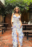 Blue Charming Floral A-Line Spaghetti Strap Long Ball Gown Party Dress Evening Gown HZ1023