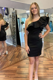 Black One-Shoulder Ruffles Bodycon Short Dress HZ1023