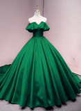 Green Satin Sweetheart Off Shoulder Ball Gown Long Sweet 16 Dress, Green Quinceanera Dress HZ1023