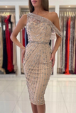 Luxurious One Shoulder Sheath Short Prom Dress Knee-Length With Crystals HZ1023