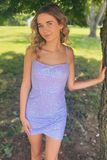 Periwinkle Sequin Lace-Up Ruched Short Homecoming Dress HZ1023