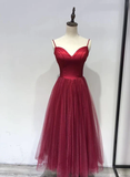 Beautiful Wine Red Straps Beaded Tea Length Wedding Party Dress, Prom Dress HZ1023