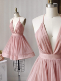 A Line V Neck Short Pink Tulle Prom Dresses, Short Pink Tulle Formal Homecoming Dresses HZ1023