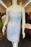 White Iridescent Sequin Straps Tassel Mini Party Dress HZ1023