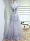 Grey A-Line Tulle Long Prom Dress, Party Dress Grey Bridesmaid Dress HZ1023