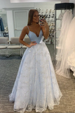 A-Line Tulle V-Neck Long Prom Dress With Sequins, Evening Dress HZ1023