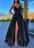 Spaghetti Straps A Line Burgundy V-neck Prom Dresses With Split HZ1023