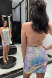 White Iridescent Sequin Lace-Up Mini Homecoming Dress HZ1023