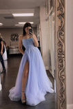 A-line Blue Tulle Beading Spaghetti Straps Long Prom Dress HZ1023