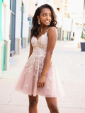 Pink A-line V-neck short lace prom dress formal homecoming dress party dress HZ1023