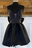Bow Back Black Beaded Straps Backless Skater Dress HZ1023