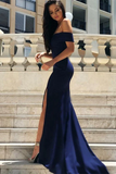 Blue Mermaid Off the Shoulder Short Sleeve Satin Prom Dresses with Slit HZ1023