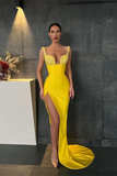 Yellow Sequins Straps Mermaid Prom Dress With Slit HZ1023