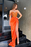 Orange Sweetheart One Shoulder Prom Dress Sequins Mermaid Long With Split HZ1023