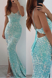 Spaghetti-Straps V-Neck Long Mermaid Prom Dress Split With Sequins HZ1023