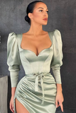Dusty Sage Long Sleeves Prom Dress Split With A Bowknot HZ1023