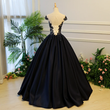 High Quality Satin With Lace Applique Round Neckline Formal Gown, Black Party Dresses Prom Dress HZ1023