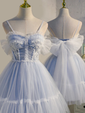 Adorable Light Blue Tulle Sweetheart Straps Party Dress With Lace, Short Tulle Prom Dresses HZ1023
