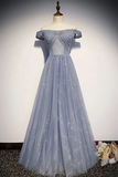 Beautiful Long Strapless Blue Tulle Beaded Long, A Line Off Shoulder Prom Dress HZ1023