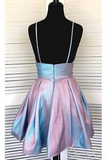 Cute Spaghetti Straps V Neck Short Homecoming Dresses Backless Short Prom Dresses HZ1023