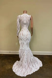 White One-Shoulder Long Sleeves Prom Dress Mermaid Sequins Lace With Split HZ1023