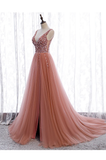 Pink Long Sparkle Beaded Tulle Slit Prom Dress,Pink V-Neckline Evening Gown HZ1023
