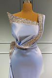 Light Blue One-Shoulder Sleeveless Long Beads Mermaid Prom Dress With Ruffles HZ1023