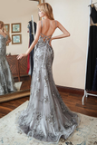 Silver V-Neck Mermaid Prom Dress With Appliques HZ1023