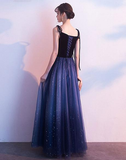 Blue Tulle With Velvet Straps Long Party Dress, Gorgeous Formal Gown HZ1023