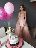 Pink floral sleeveless corset tulle long prom evening gown wedding dress HZ1023