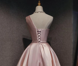 Pink Satin One Shoulder Homecoming Dress, Knee Length Prom Dress HZ1023