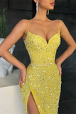 Spaghetti-Straps Sequins Prom Dress Mermaid Slit HZ1023