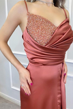 Spaghetti-Straps Beadings Long Mermaid Prom Dress Split With Ruffles HZ1023