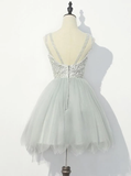 Cute Grey With Lace Round Neckline Party Dress, Women Formal Dresses HZ1023