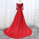 Beautiful Red Satin Short Sleeves Long Party Dress, Red Prom Dress HZ1023