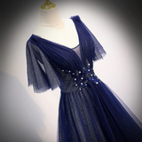 Navy Blue V-Neckline Long Tulle Party Dress With Sleeves, Blue Bridesmaid Dresses Party Dress HZ1023