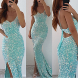 Spaghetti-Straps V-Neck Long Mermaid Prom Dress Split With Sequins HZ1023
