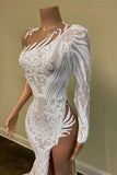 White One-Shoulder Long Sleeves Prom Dress Mermaid Sequins Lace With Split HZ1023