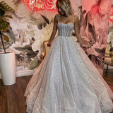 Glitter Wedding Dress A Line Shiny Tulle Straps Beaded Long Tail Bride Gowns HZ1023