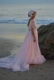 Abmyl Baby Pink Organza Prom Dresses Short Puff Sleeves Ruffles Prom Party Gowns Slit Princess Formal Women Party Dresses HZ1023