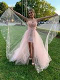 Pink floral sleeveless corset tulle long prom evening gown wedding dress HZ1023