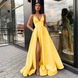 Llyge Sexy V Neck Satin Evening Dresses Spaghetti Strap Side Slit Prom Dress High Waist Evening Gowns Party Dress HZ1023